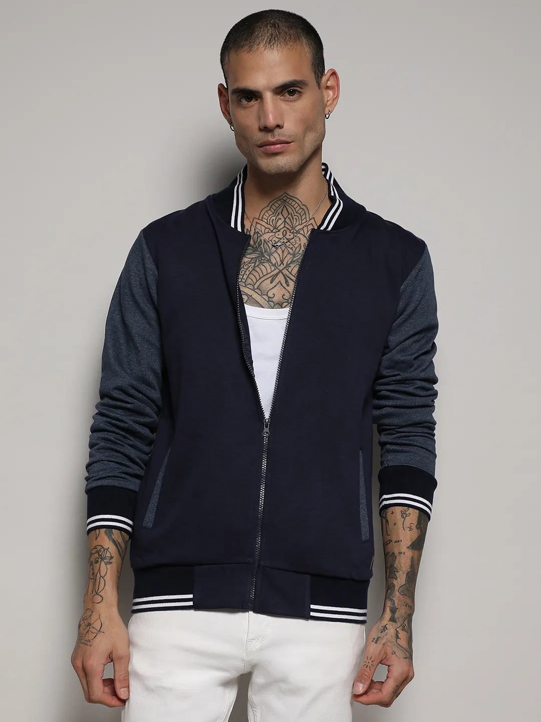 Campus Sutra Zip-Front Jacket With Contrast Striped Hem