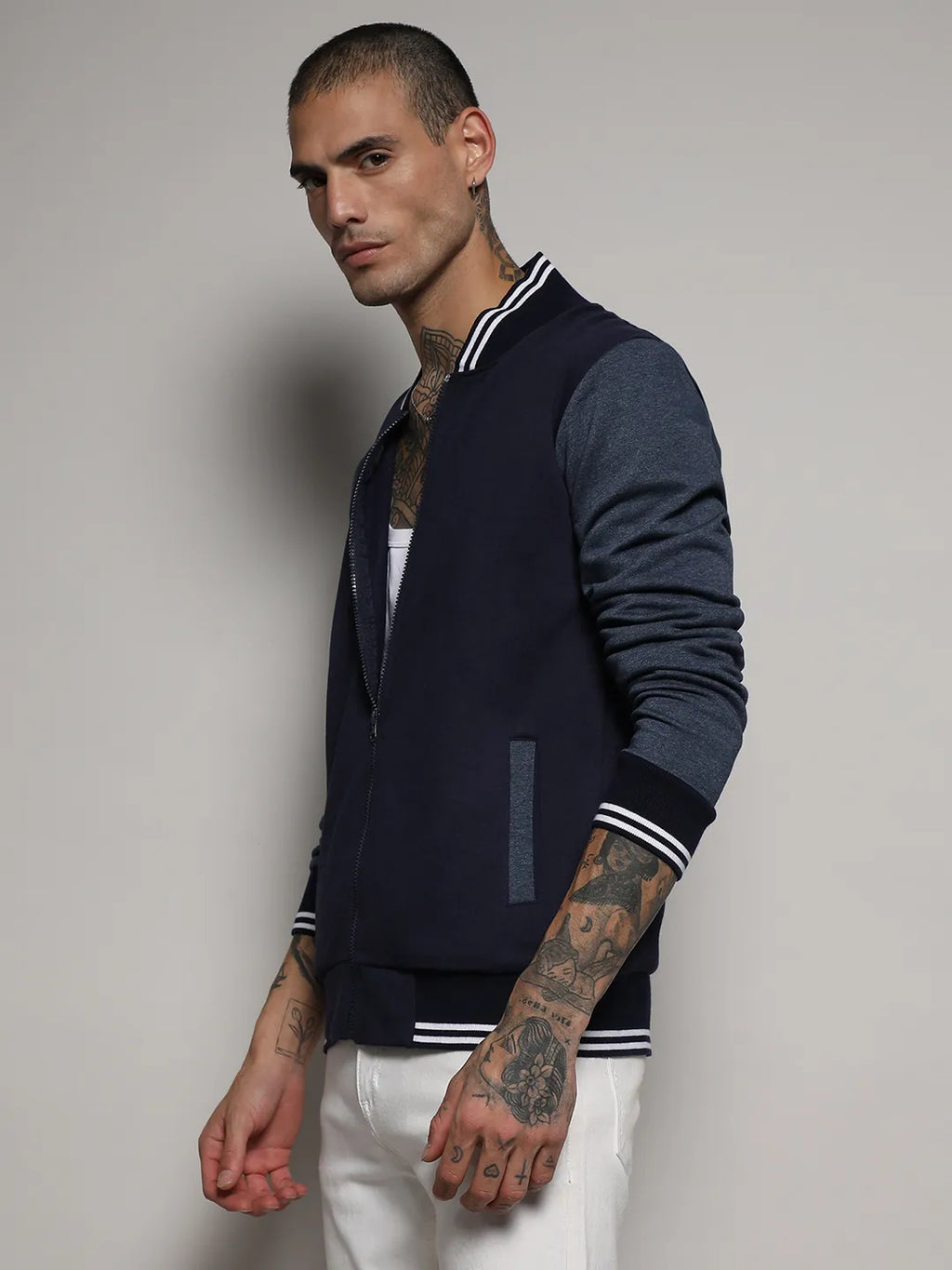 Campus Sutra Zip-Front Jacket With Contrast Striped Hem