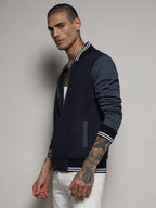 Campus Sutra Zip-Front Jacket With Contrast Striped Hem