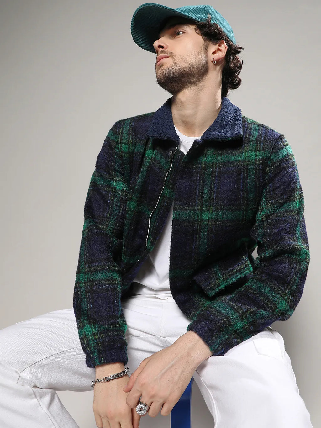Campus Sutra Tartan Plaid Jacket With Fleece Collar