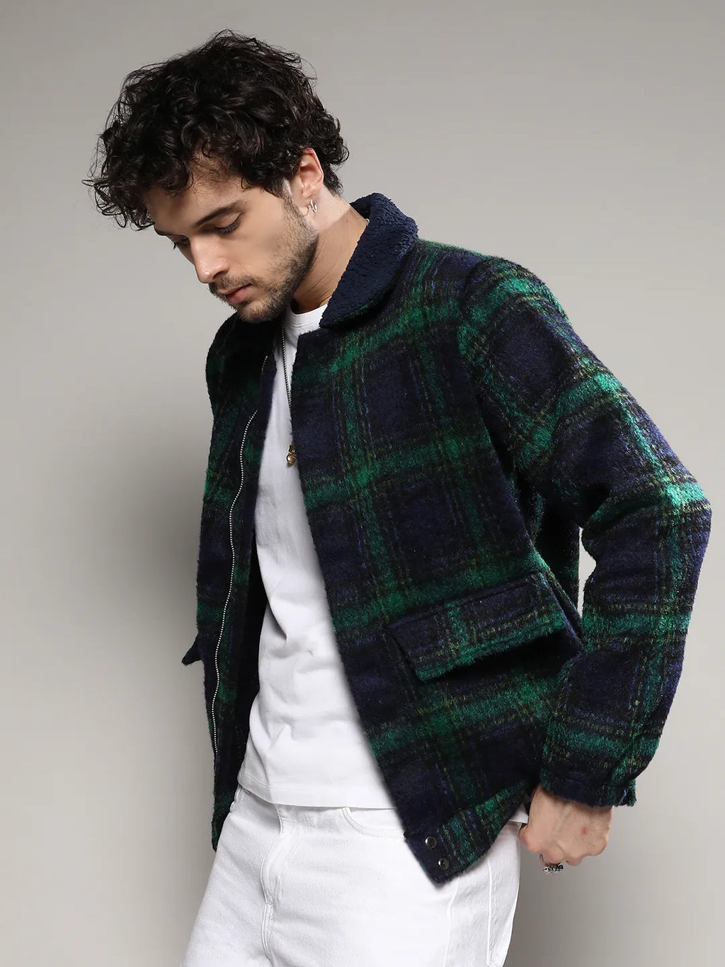 Campus Sutra Tartan Plaid Jacket With Fleece Collar
