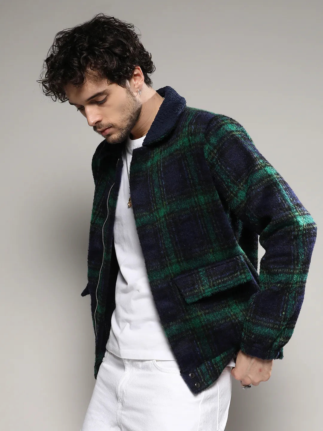 Campus Sutra Tartan Plaid Jacket With Fleece Collar