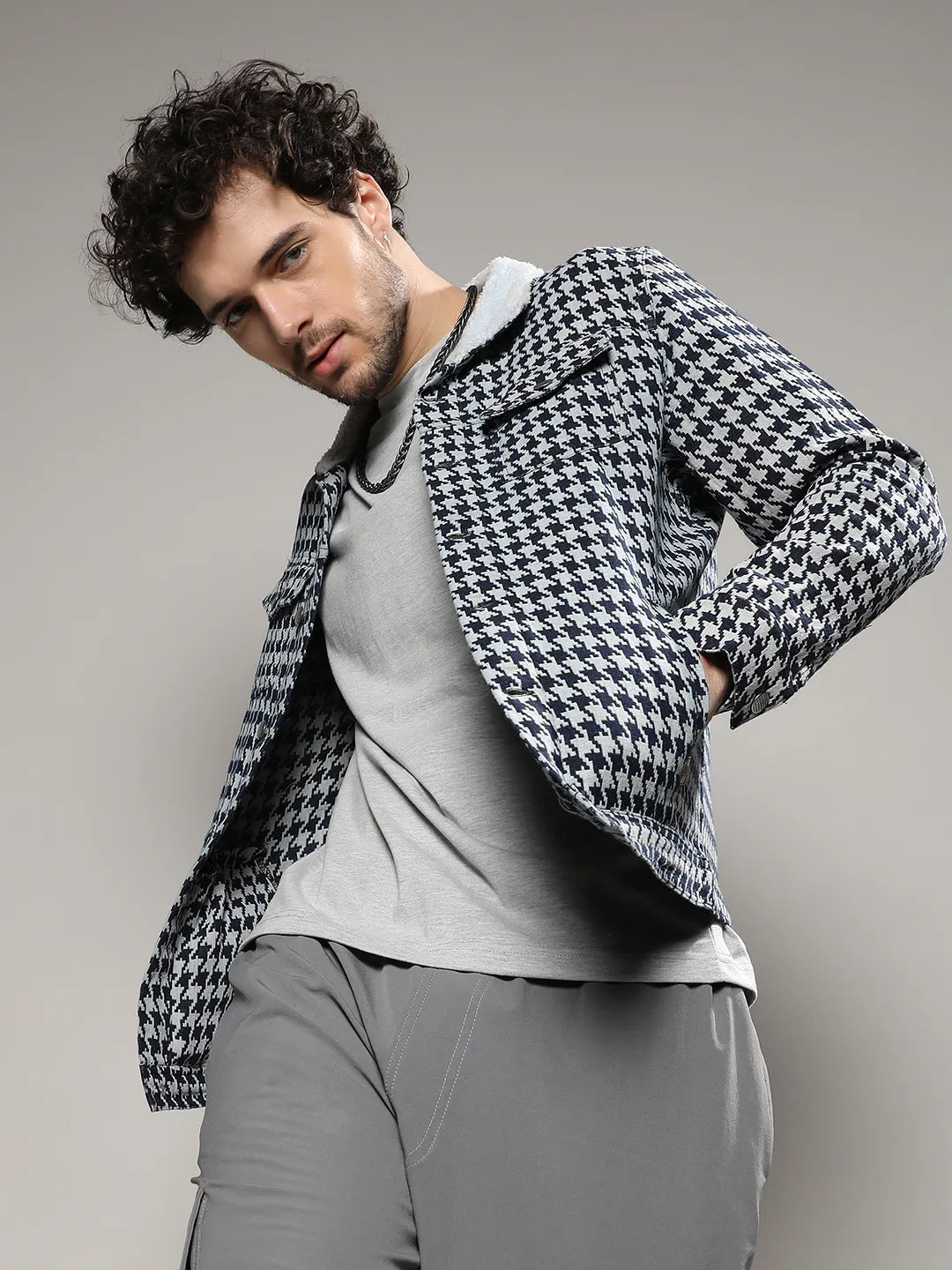 Campus Sutra Fleece Houndstooth Denim Jacket