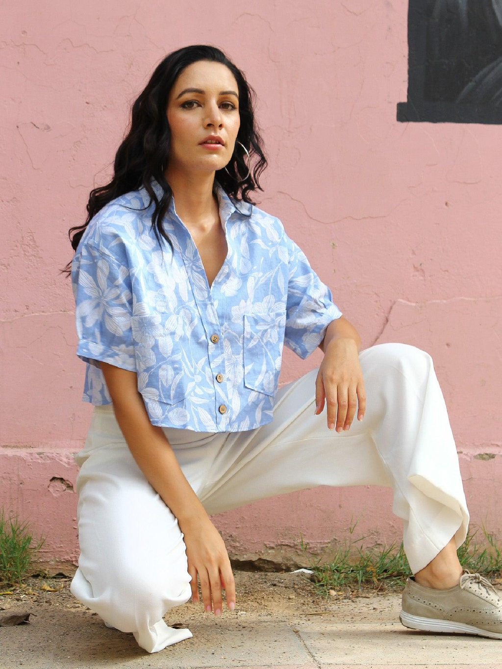 ShopKapaas Sky Blue Floral Linen Crop Top