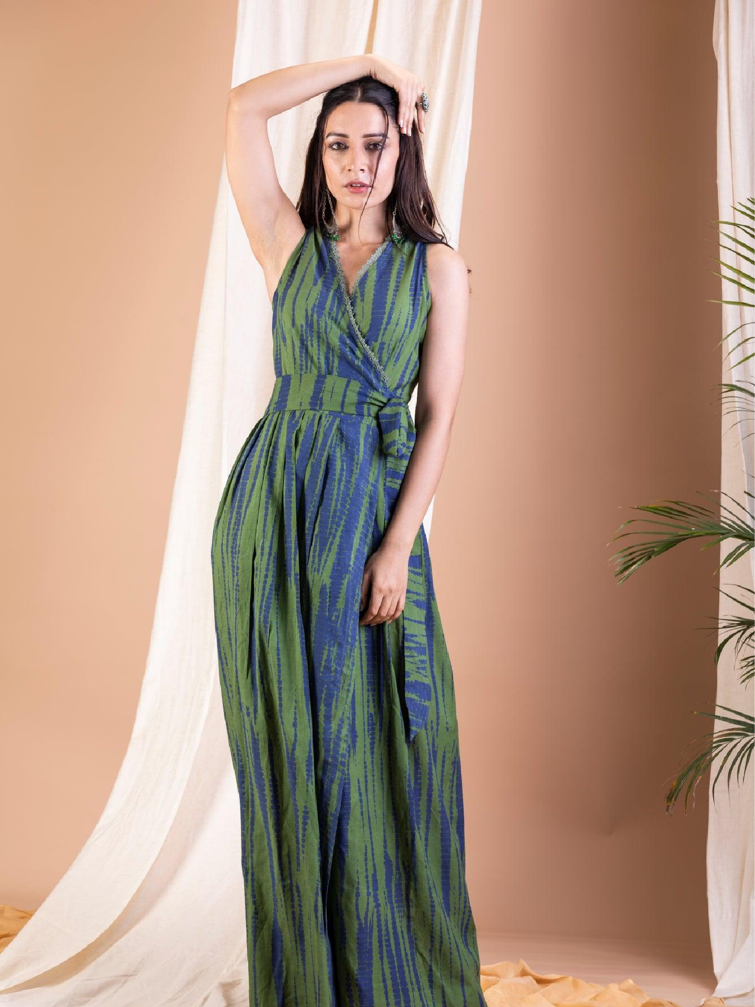 ShopKapaas Kaya - Olive green and Indigo Tie dye Long Wrap Dress