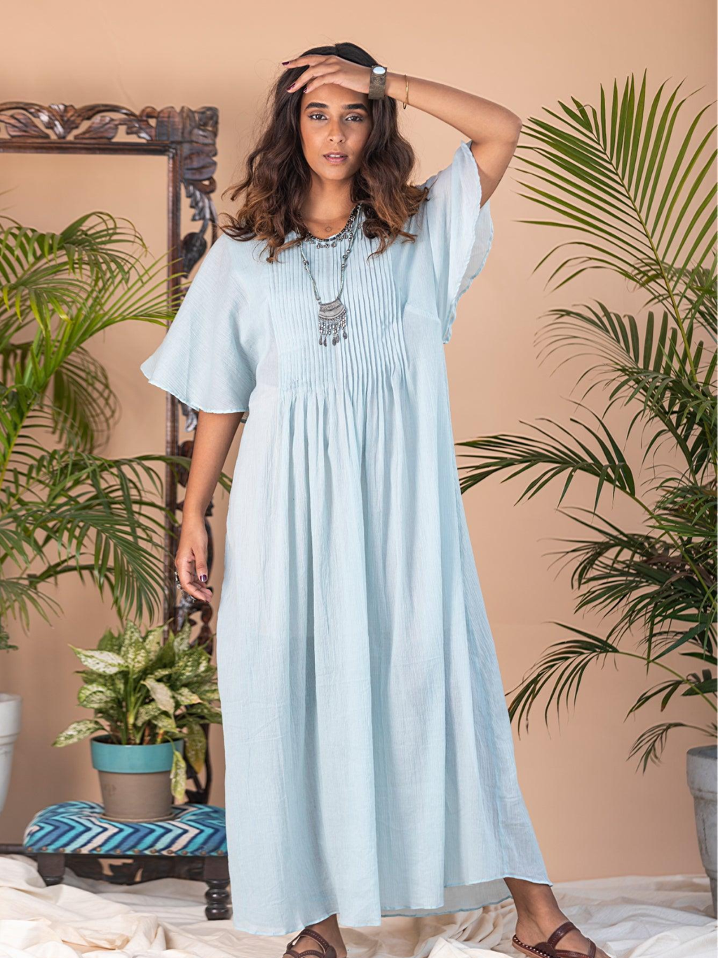 ShopKapaas Aqua Pastel Muslin Kaftan Dress - With Cotton Lining Slip
