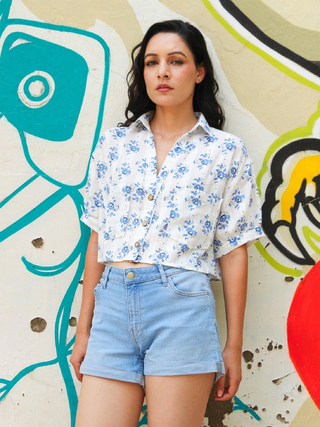 ShopKapaas Ivory Floral Linen Crop Top