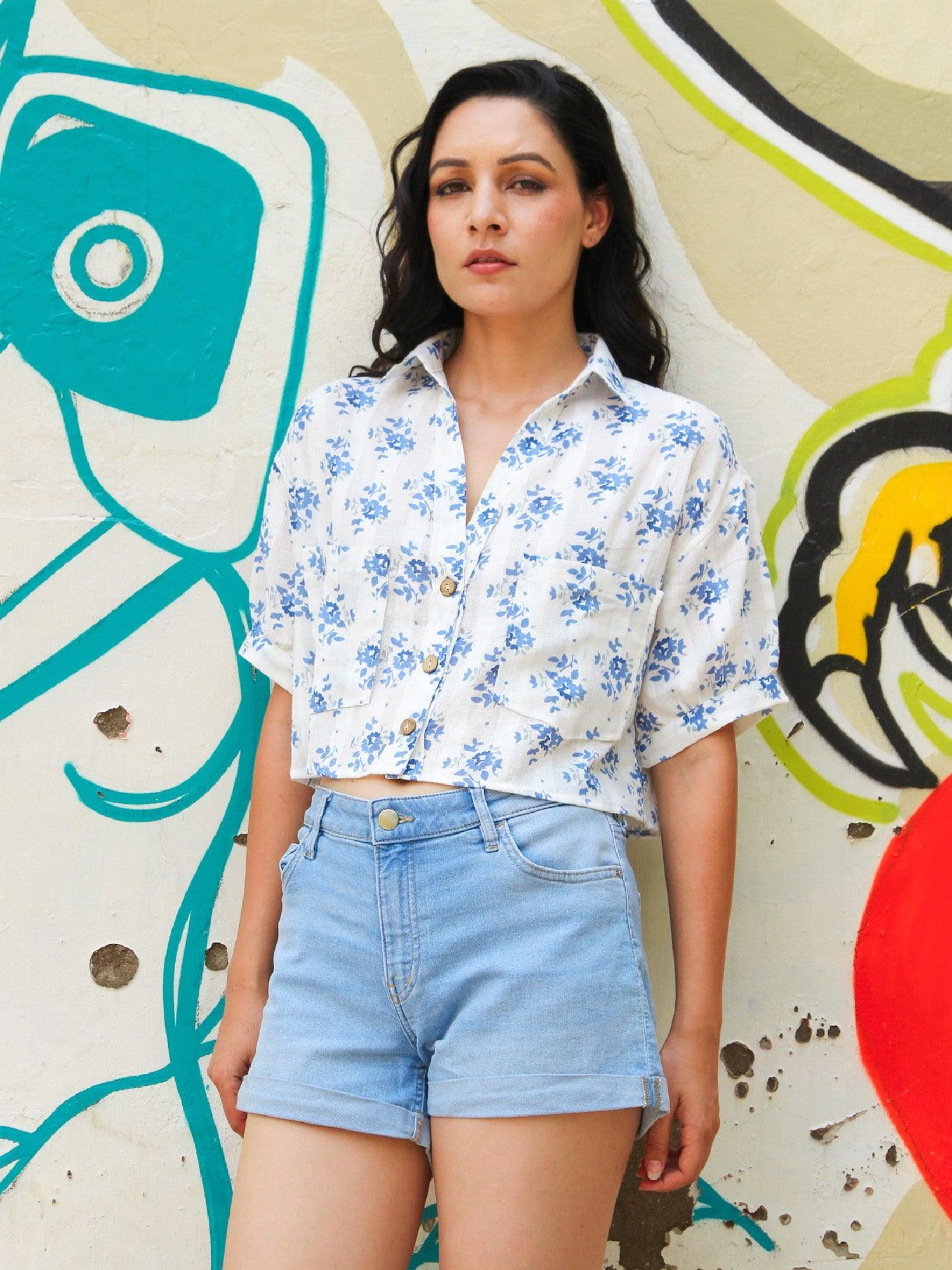 ShopKapaas Ivory Floral Linen Crop Top