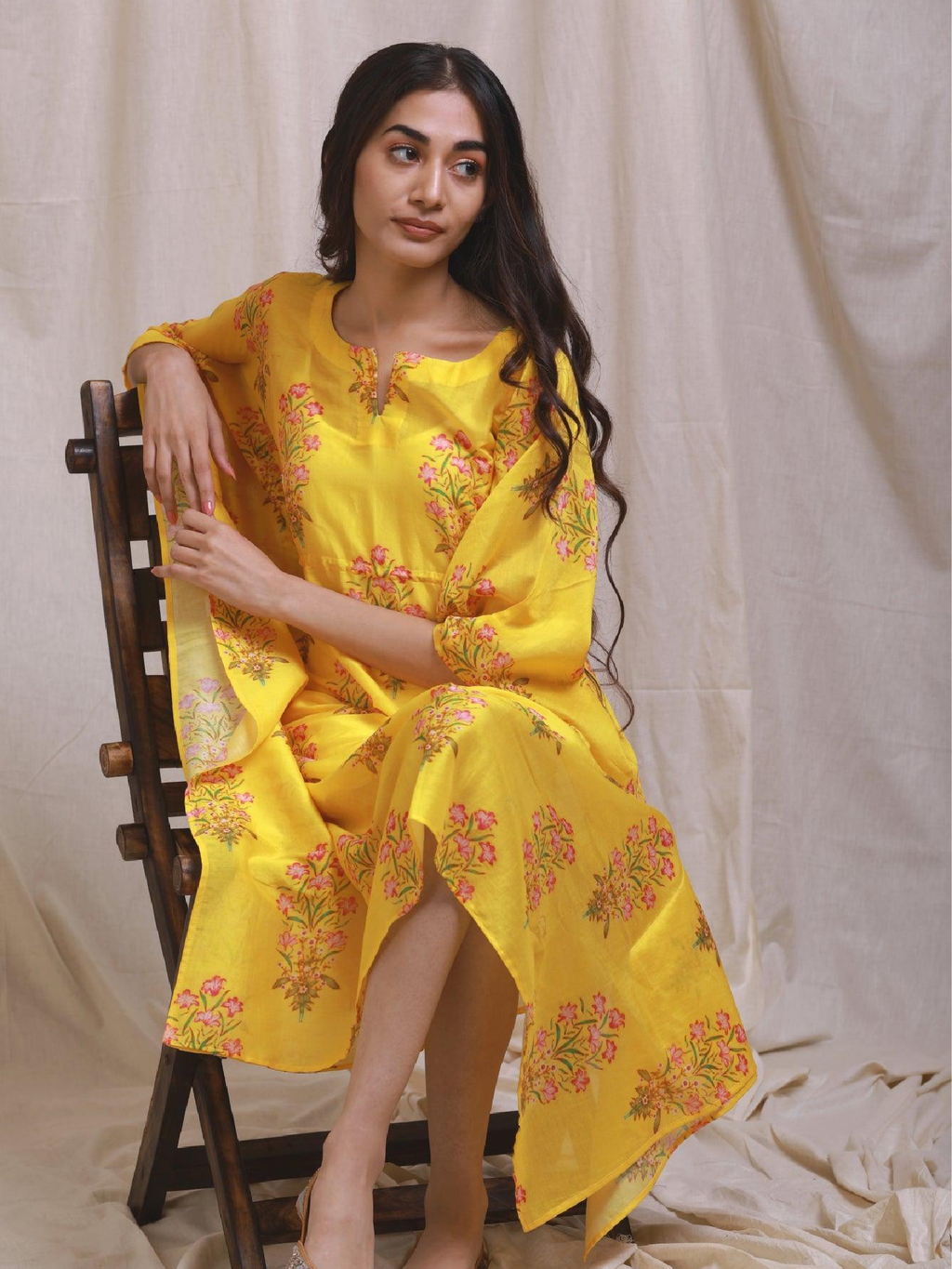 ShopKapaas Yellow Block Style Chanderi Kaftan - With Cotton Lining Slip
