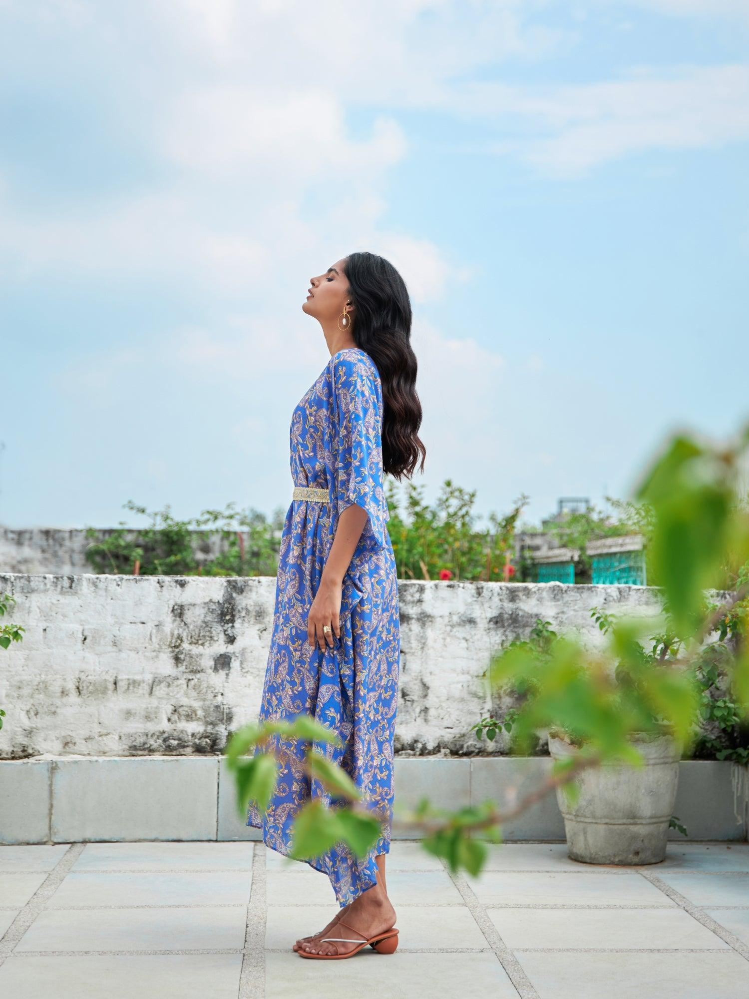ShopKapaas Blue Paisley Kaftan With Belt - Without Cotton Lining Slip