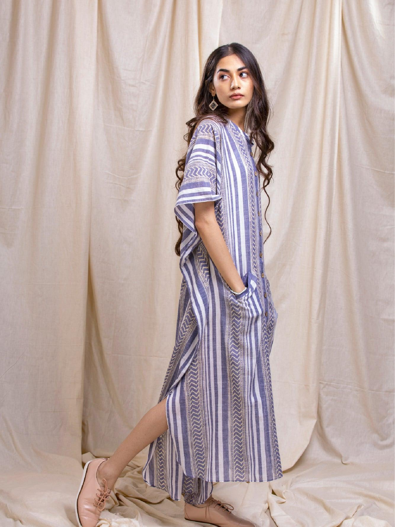 ShopKapaas Blue Striped Kaftan Dress - With Cotton Lining Slip