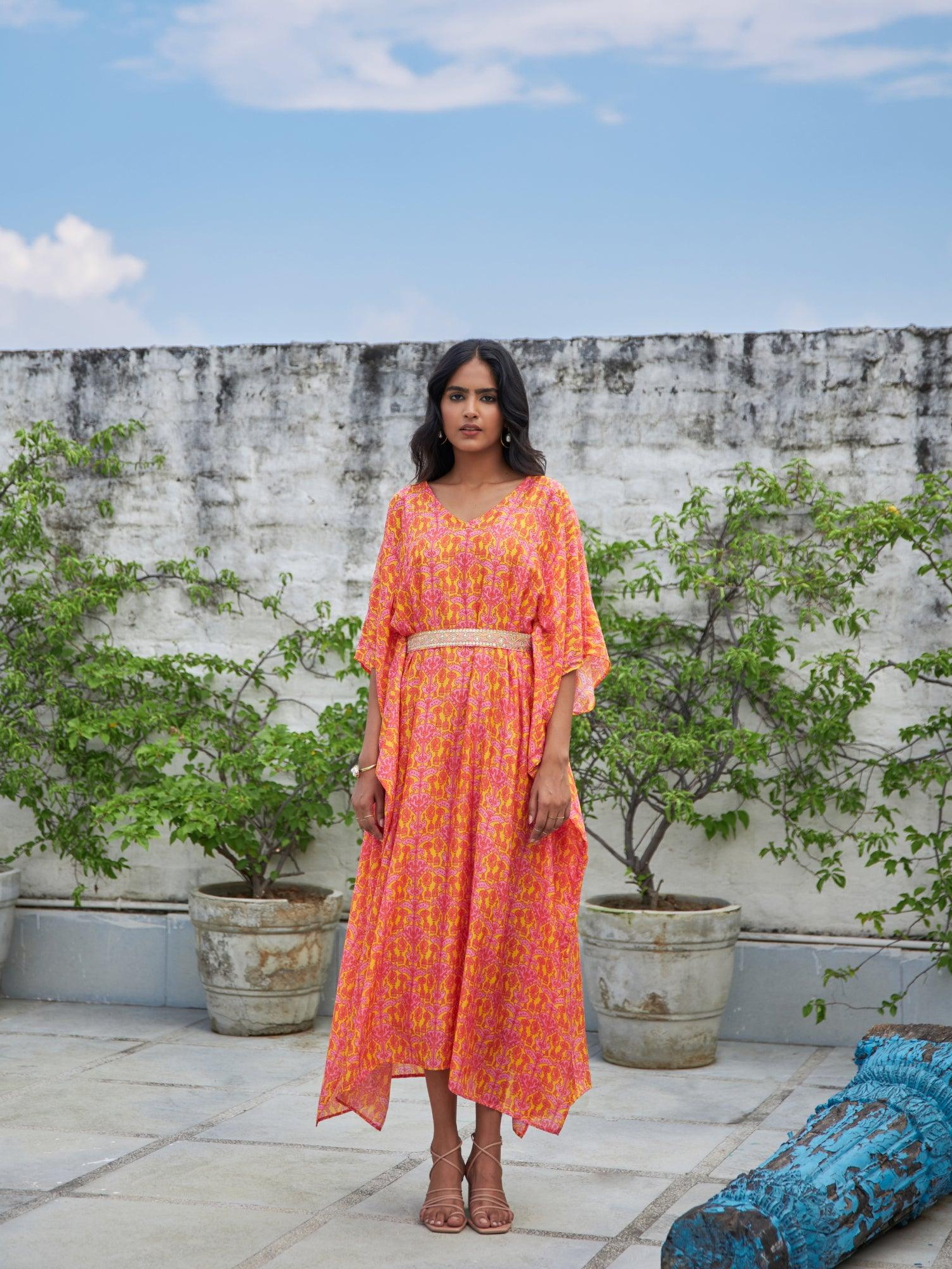 ShopKapaas Pink Geometric Kaftan With Belt - Without Cotton Lining Slip