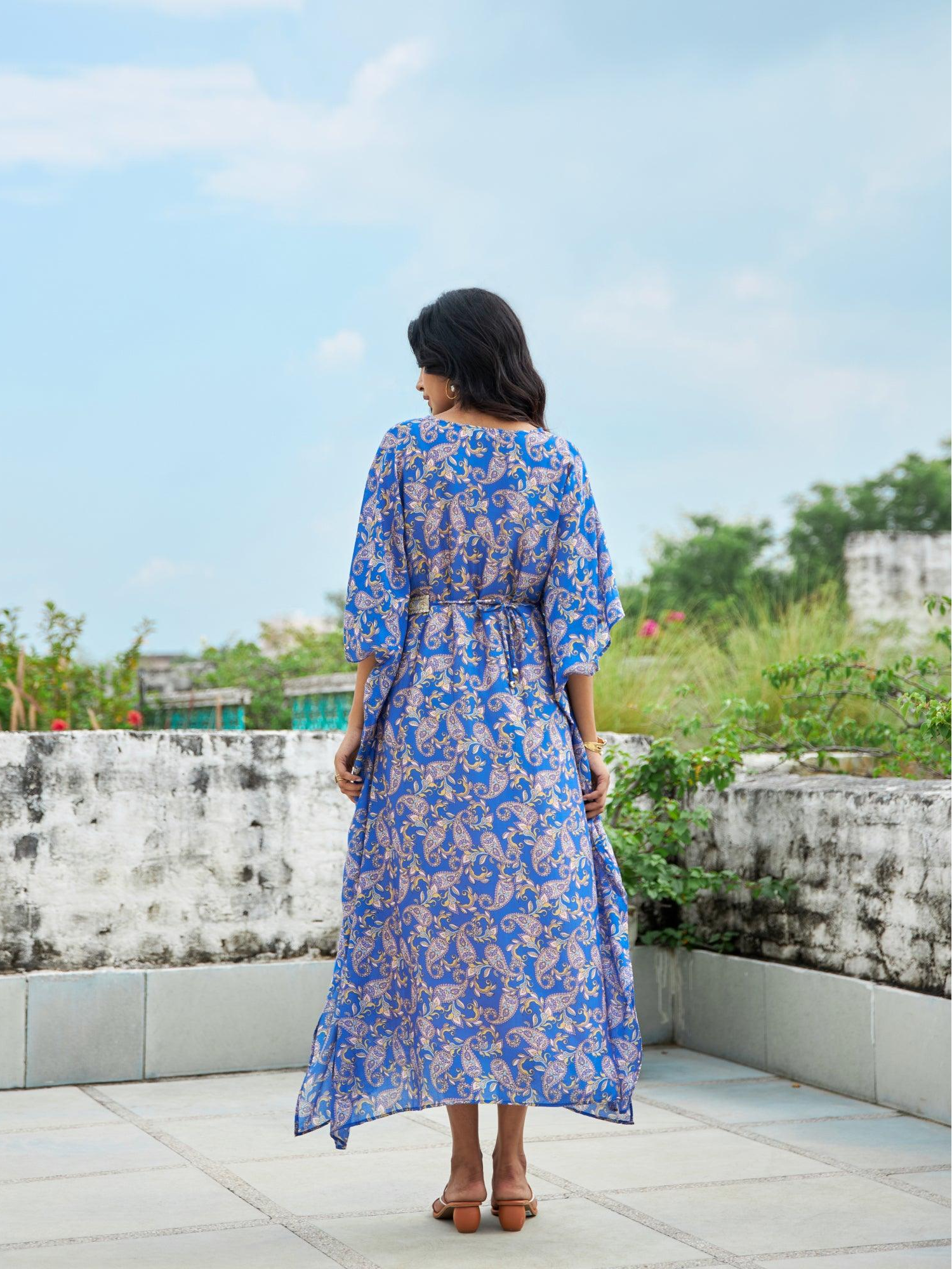 ShopKapaas Blue Paisley Kaftan With Belt - Without Cotton Lining Slip