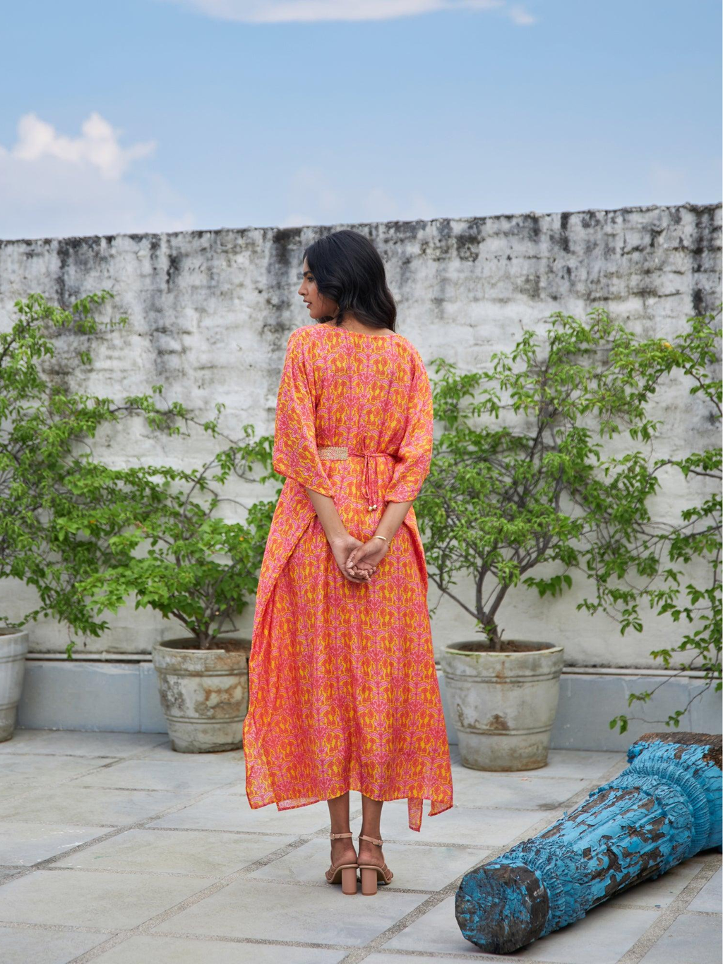 ShopKapaas Pink Geometric Kaftan With Belt - Without Cotton Lining Slip