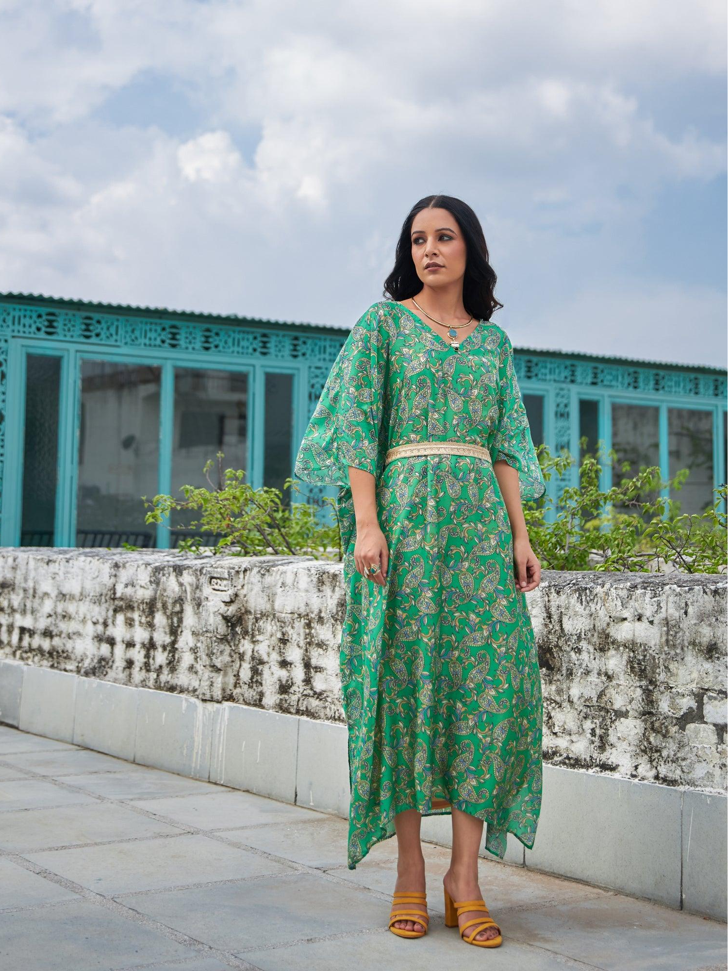 ShopKapaas Green Paisley Kaftan With Belt - Without Cotton Lining Slip