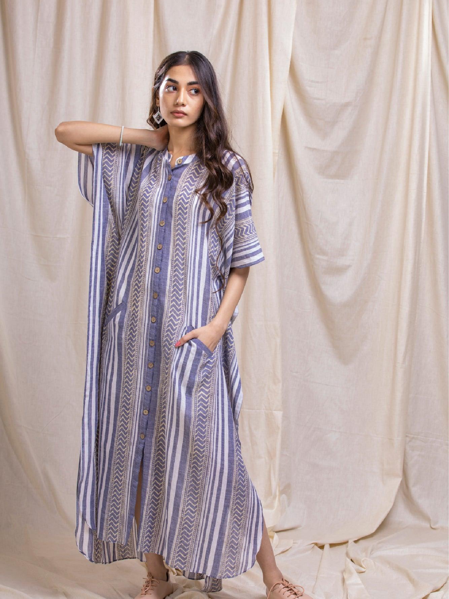 ShopKapaas Blue Striped Kaftan Dress - With Cotton Lining Slip