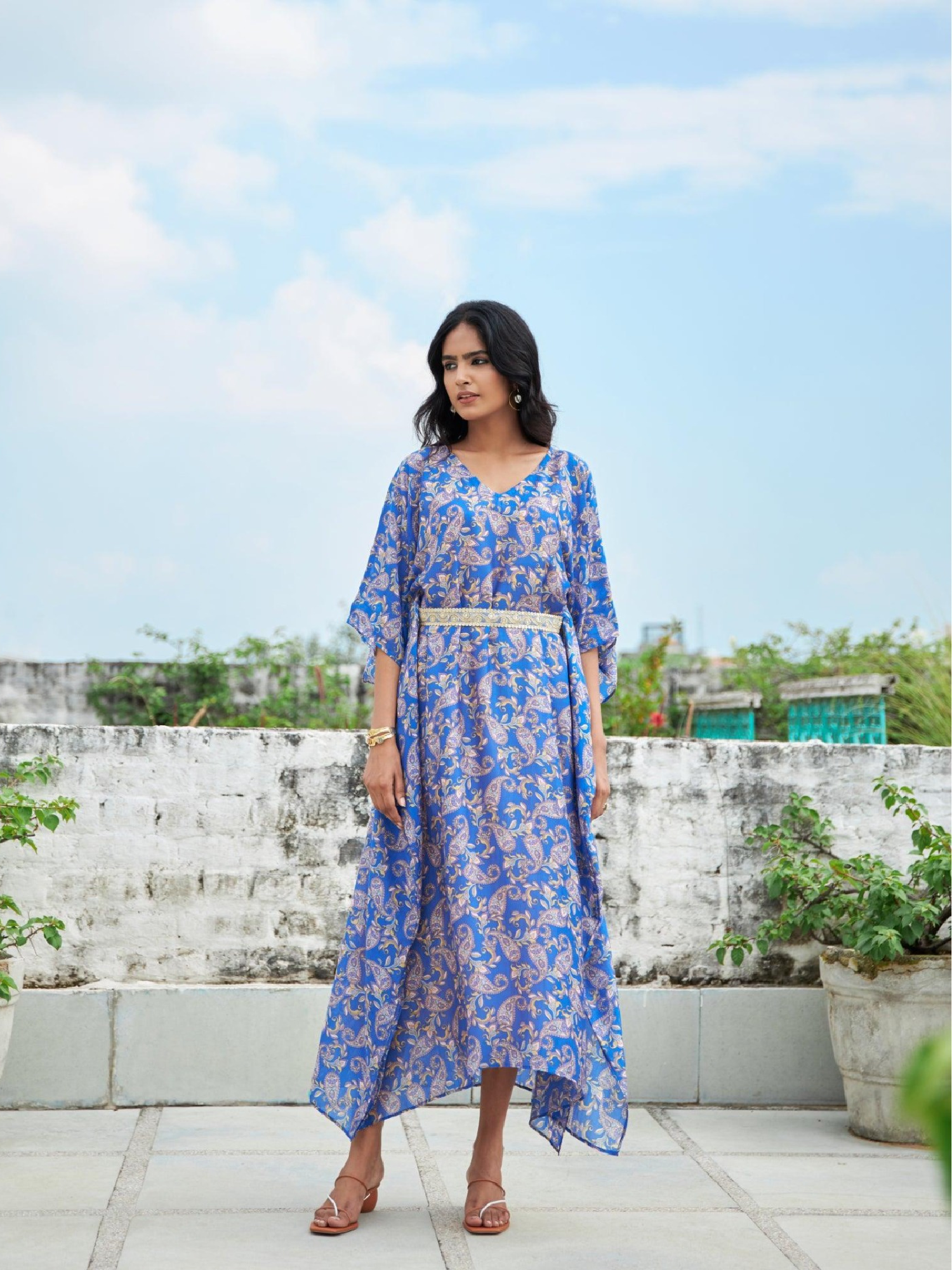 ShopKapaas Blue Paisley Kaftan With Belt - Without Cotton Lining Slip