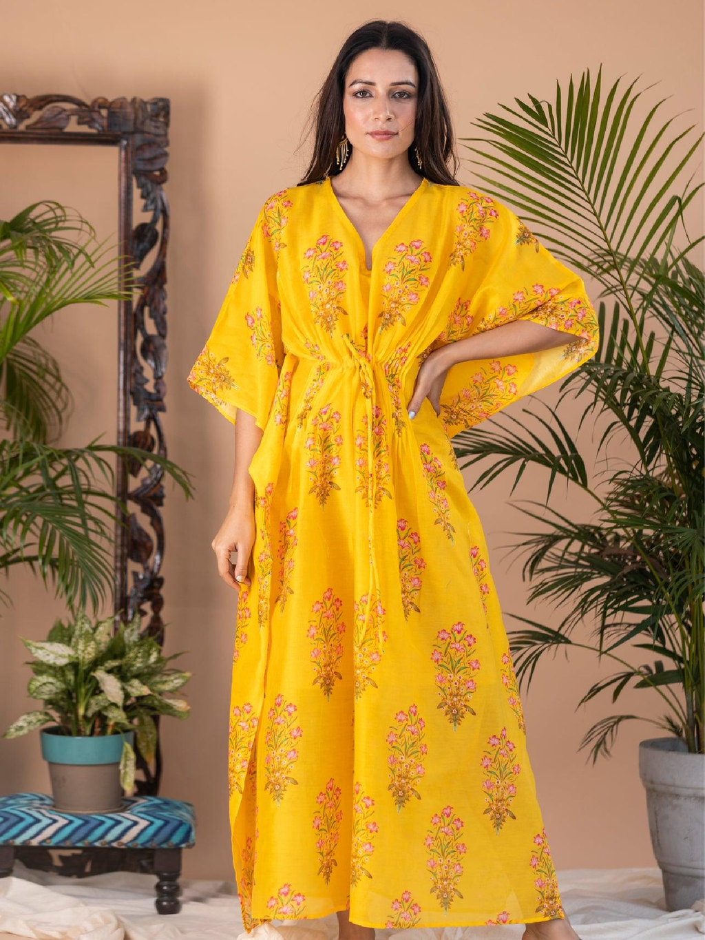 ShopKapaas Liba - Yellow Block Print Pintuck Kaftan - With Pure Cotton-Lining Slip