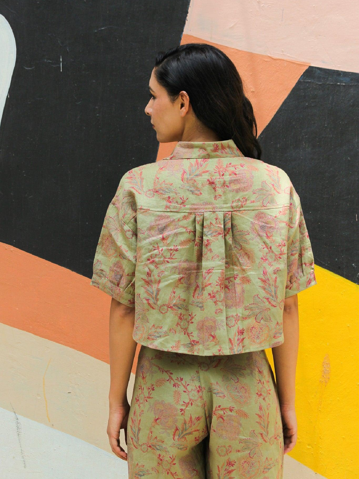 ShopKapaas Olive Floral Linen Crop Top - With Pants