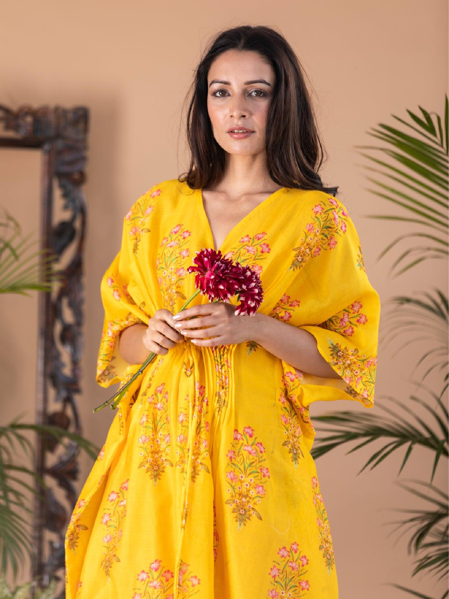 ShopKapaas Liba - Yellow Block Print Pintuck Kaftan - With Pure Cotton-Lining Slip