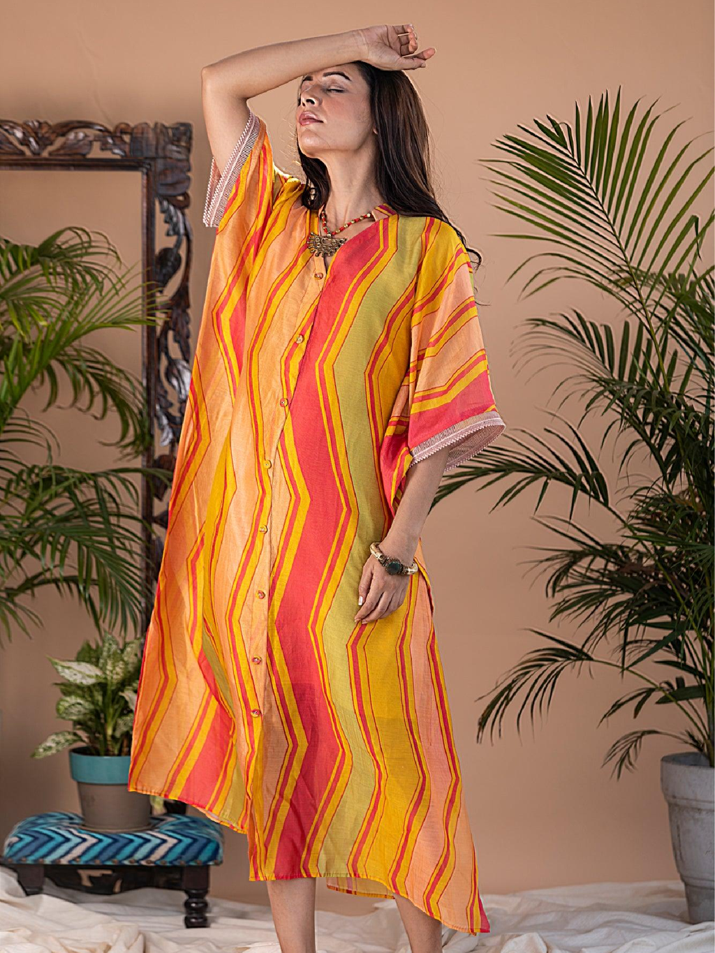 ShopKapaas Adira Geometric Print Chanderi Button Kaftan Dress - With Cotton Lining Slip