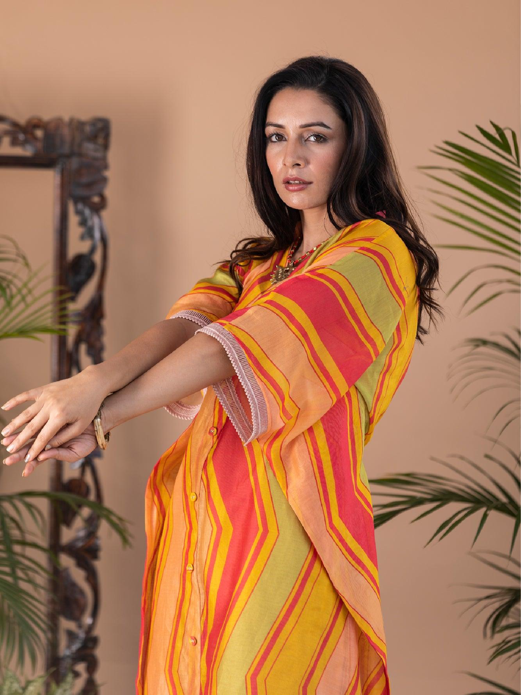 ShopKapaas Adira Geometric Print Chanderi Button Kaftan Dress