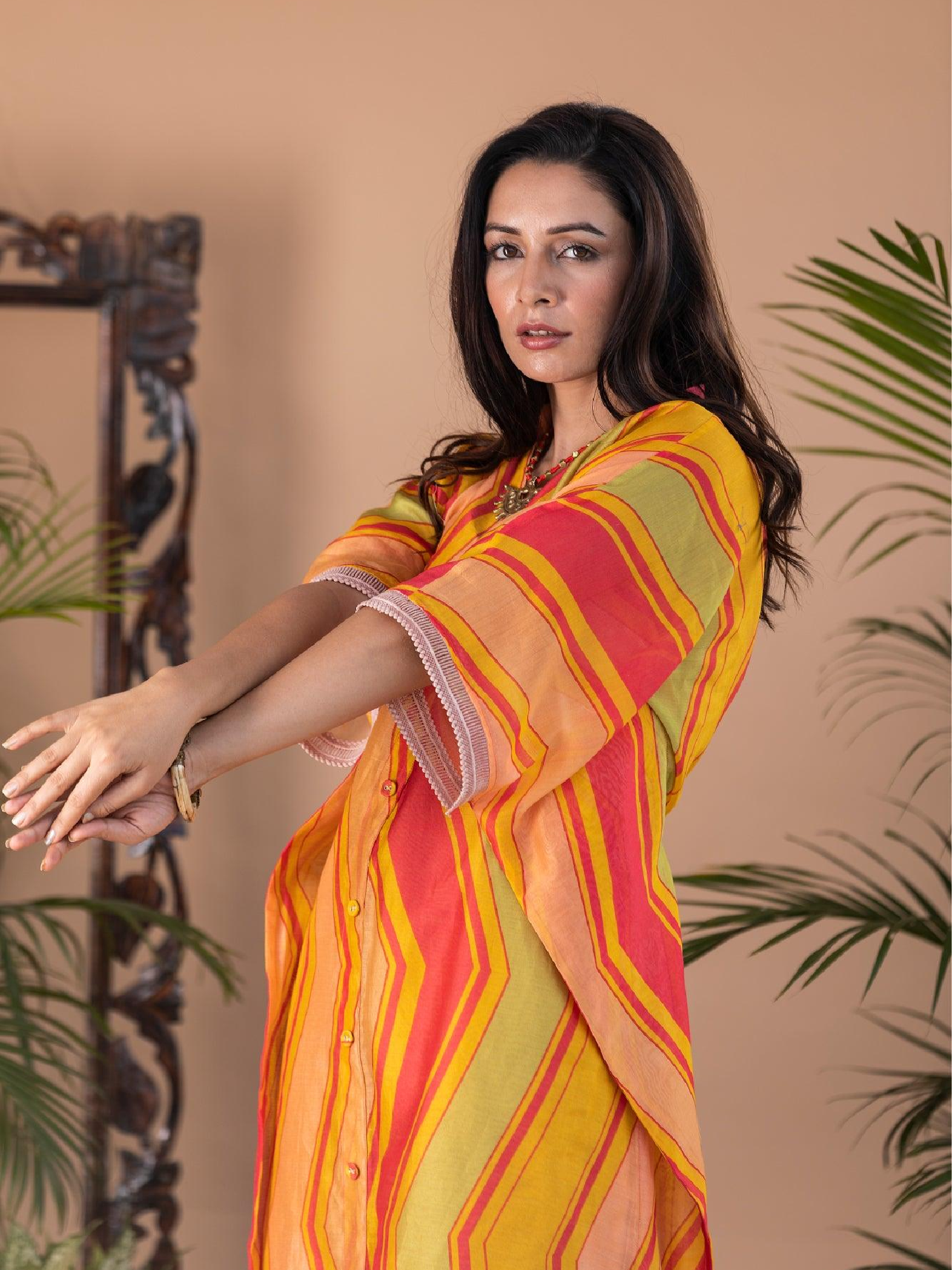 ShopKapaas Adira Geometric Print Chanderi Button Kaftan Dress
