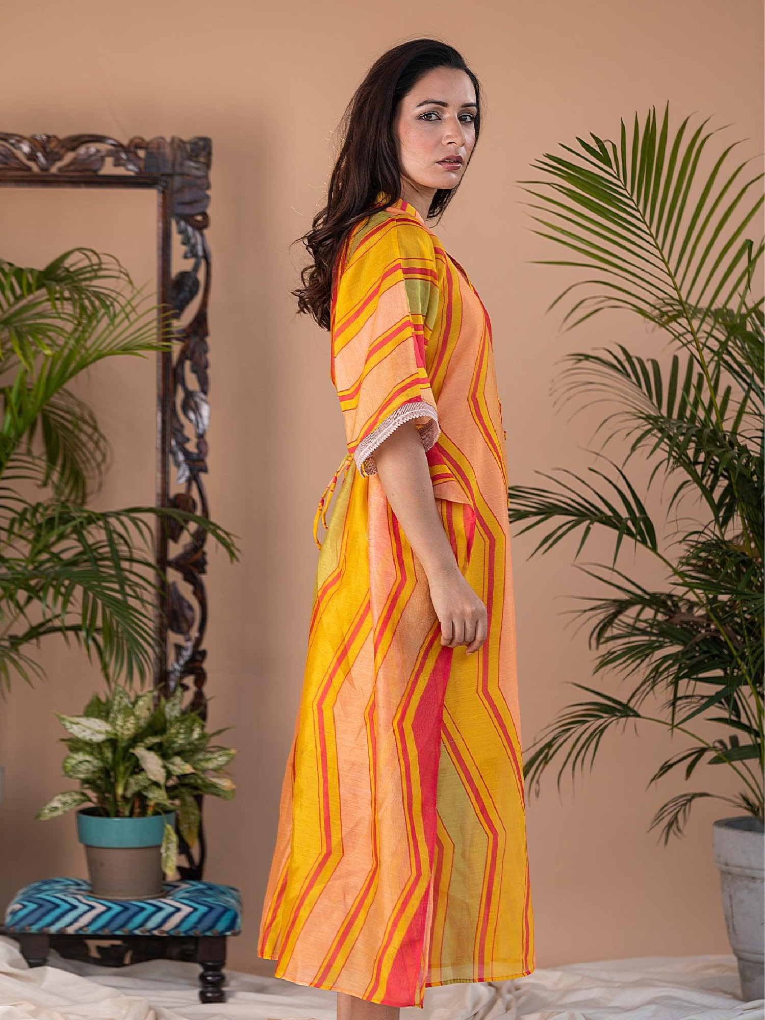 ShopKapaas Adira Geometric Print Chanderi Button Kaftan Dress