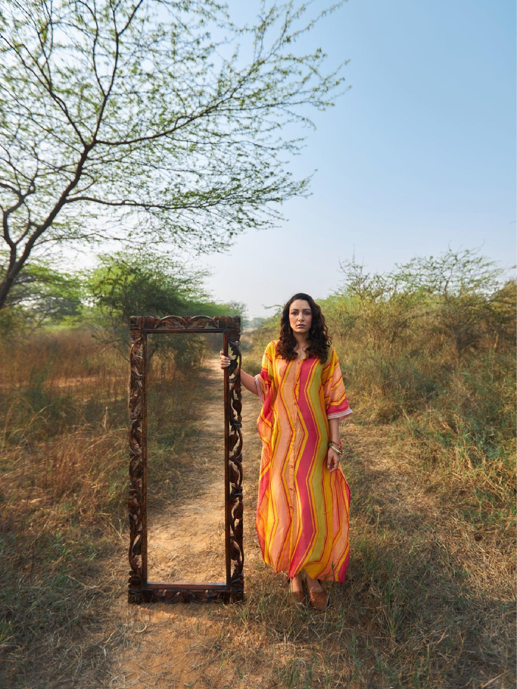 ShopKapaas Adira Geometric Print Chanderi Button Kaftan Dress - With Cotton Lining Slip