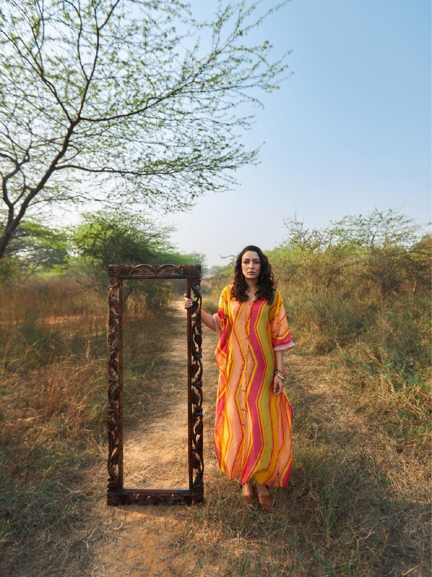 ShopKapaas Adira Geometric Print Chanderi Button Kaftan Dress - With Cotton Lining Slip