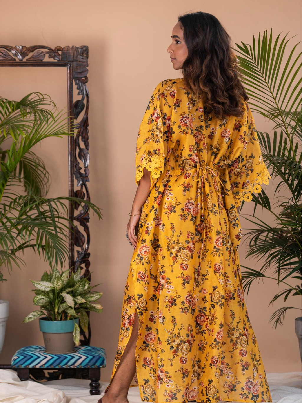 ShopKapaas Tazkia - Yellow Floral Button Long Kaftan