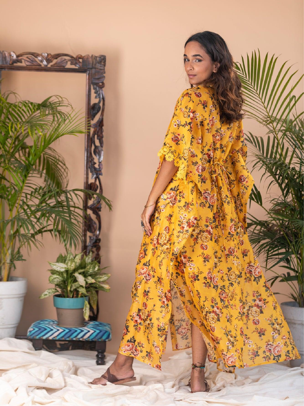 ShopKapaas Tazkia - Yellow Floral Button Long Kaftan