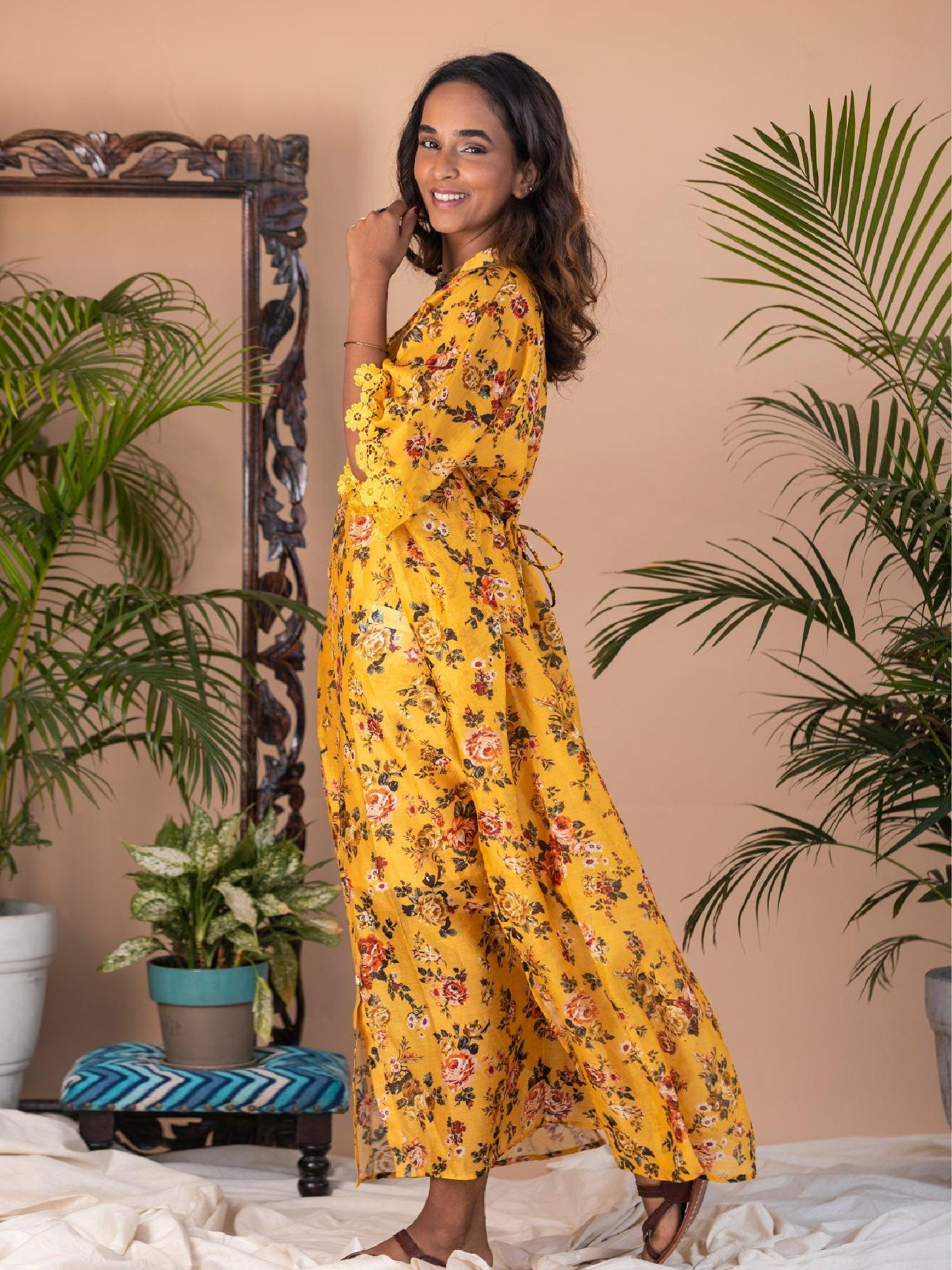 ShopKapaas Tazkia - Yellow Floral Button Long Kaftan
