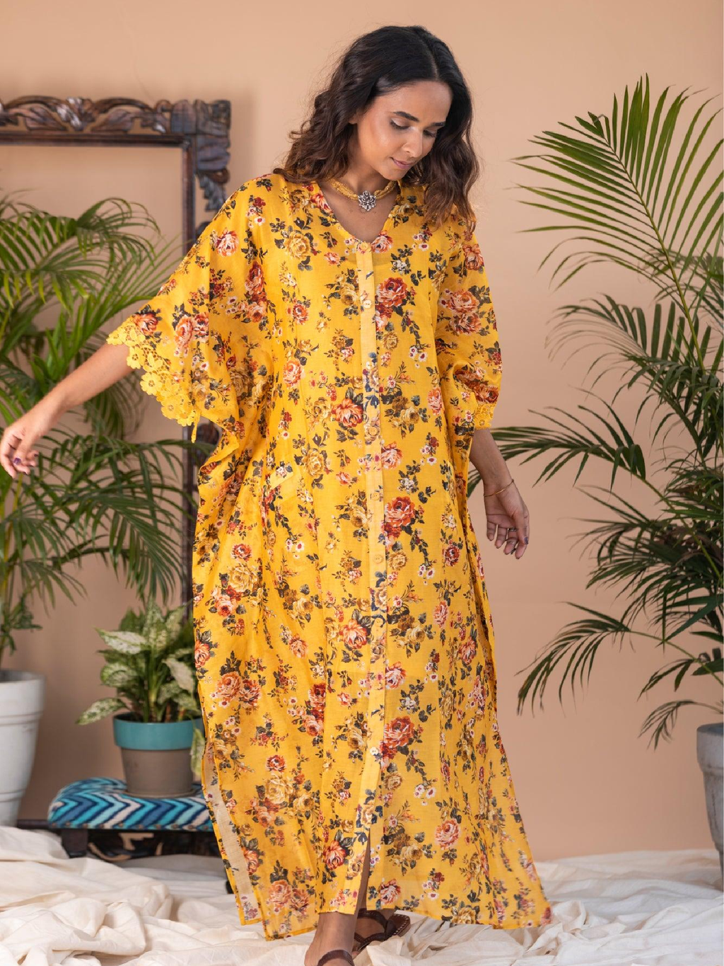 ShopKapaas Tazkia - Yellow Floral Button Long Kaftan - With Cotton Lining Slip