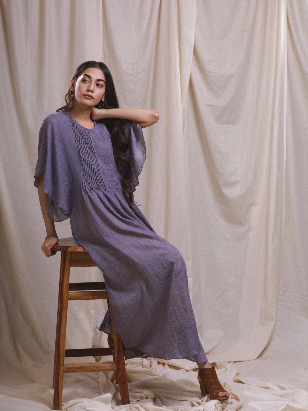 ShopKapaas Purple Pastel Mulmul Kaftan Style Dress - With Cotton Lining Slip