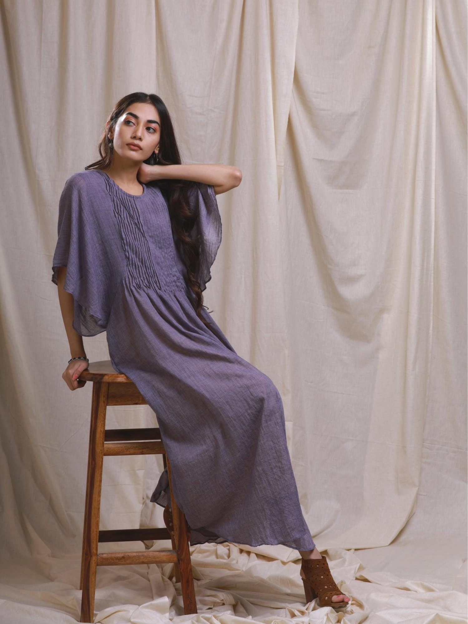 ShopKapaas Purple Pastel Mulmul Kaftan Style Dress - With Cotton Lining Slip