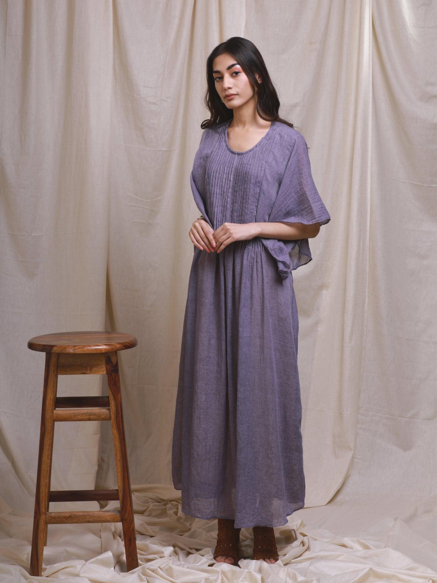 ShopKapaas Purple Pastel Mulmul Kaftan Style Dress - With Cotton Lining Slip