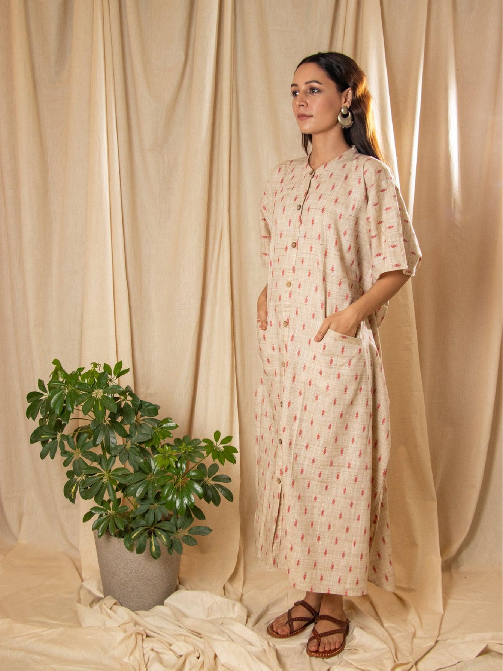 ShopKapaas Beige Woven Kaftan Dress - With Cotton Lining Slip