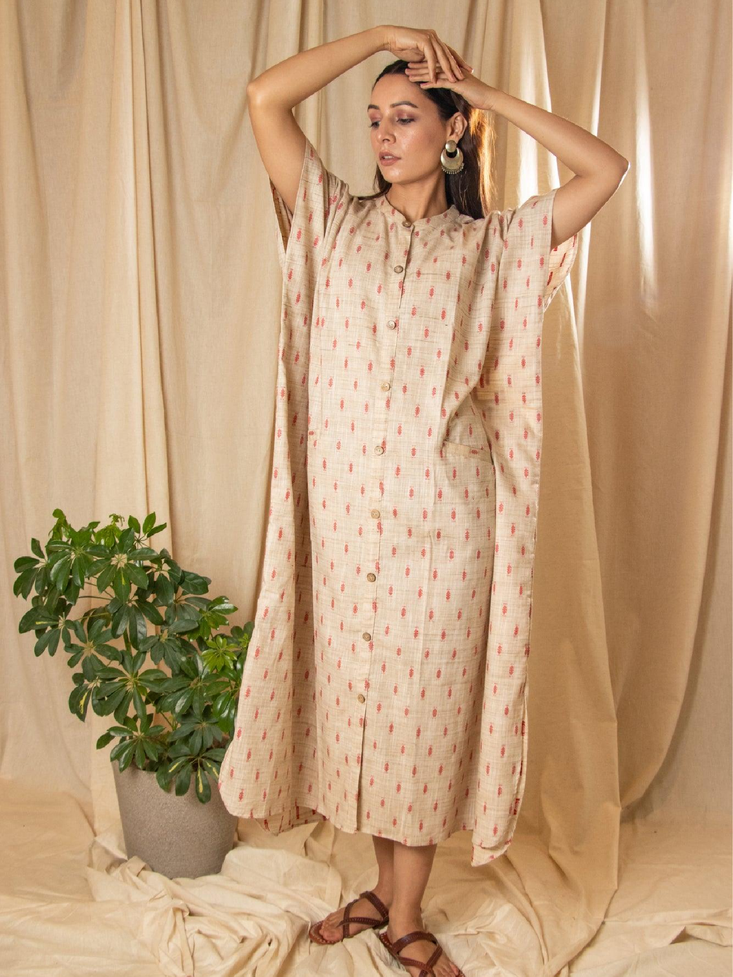 ShopKapaas Beige Woven Kaftan Dress - With Cotton Lining Slip