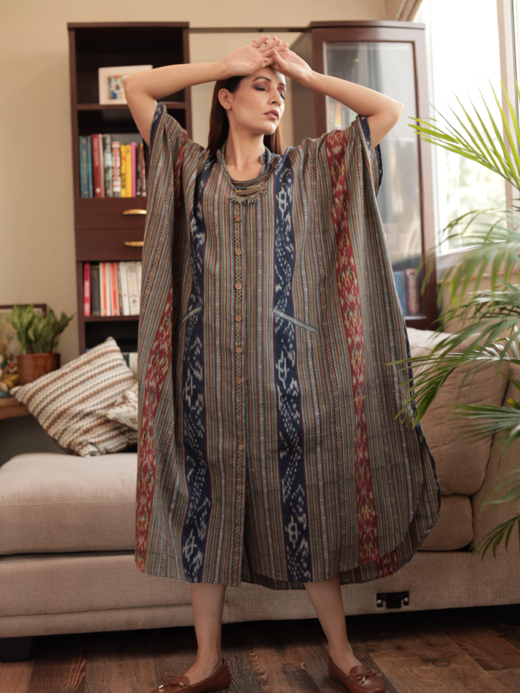 ShopKapaas Rustic Blue Ikat Kaftan - With Cotton Lining Slip