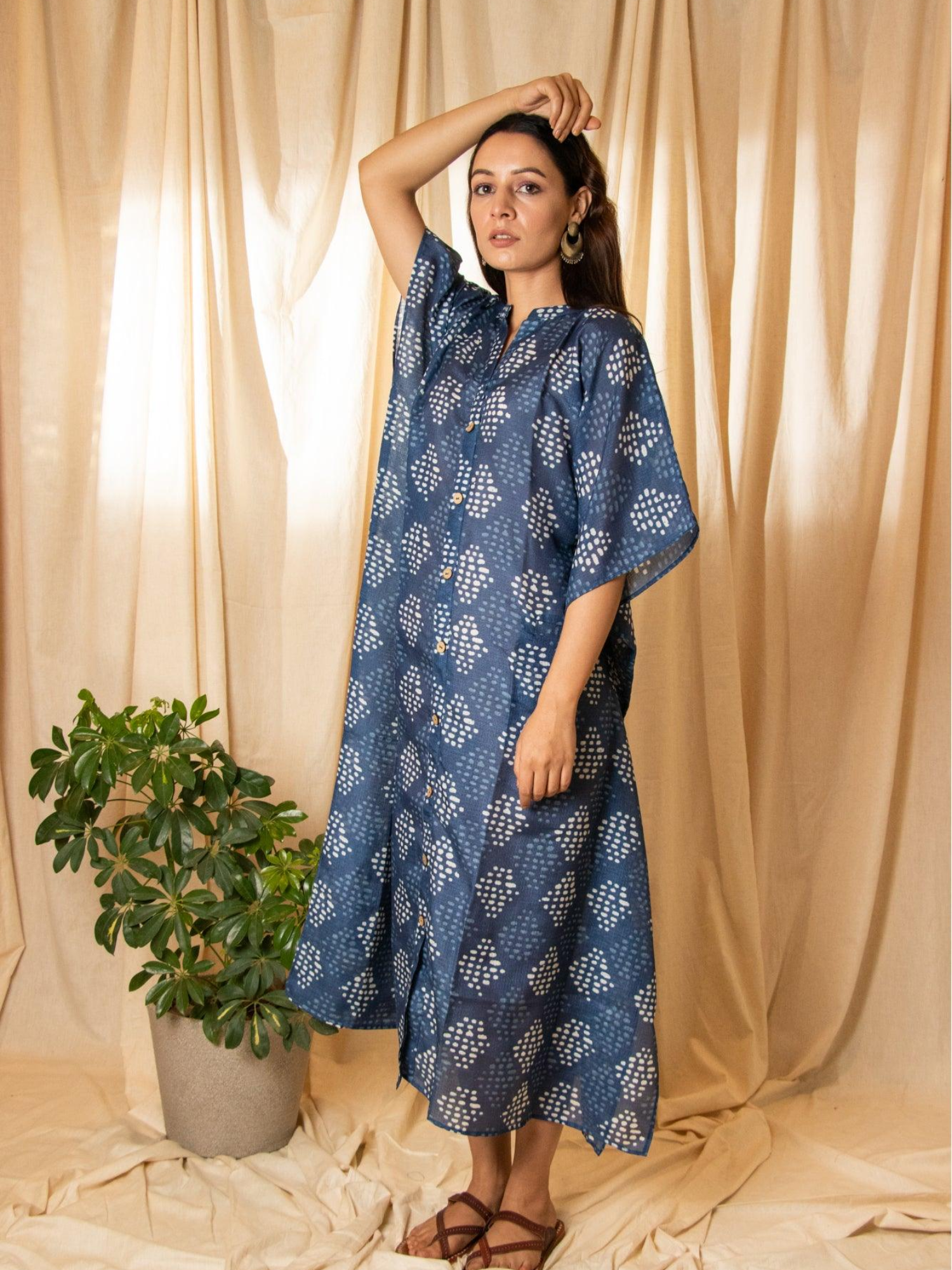 ShopKapaas Indigo Neel Printed Kaftan Dress