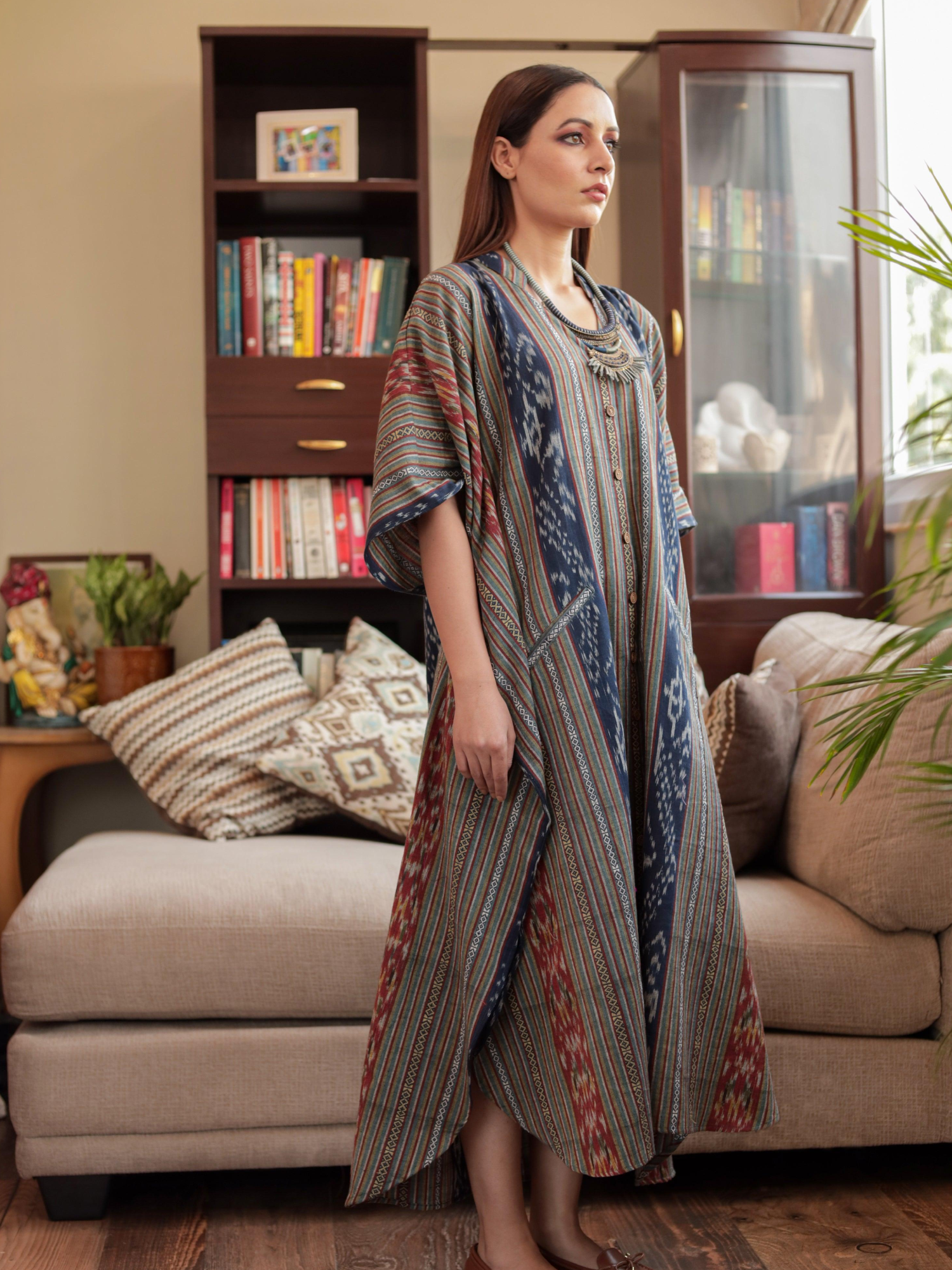ShopKapaas Rustic Blue Ikat Kaftan - With Cotton Lining Slip