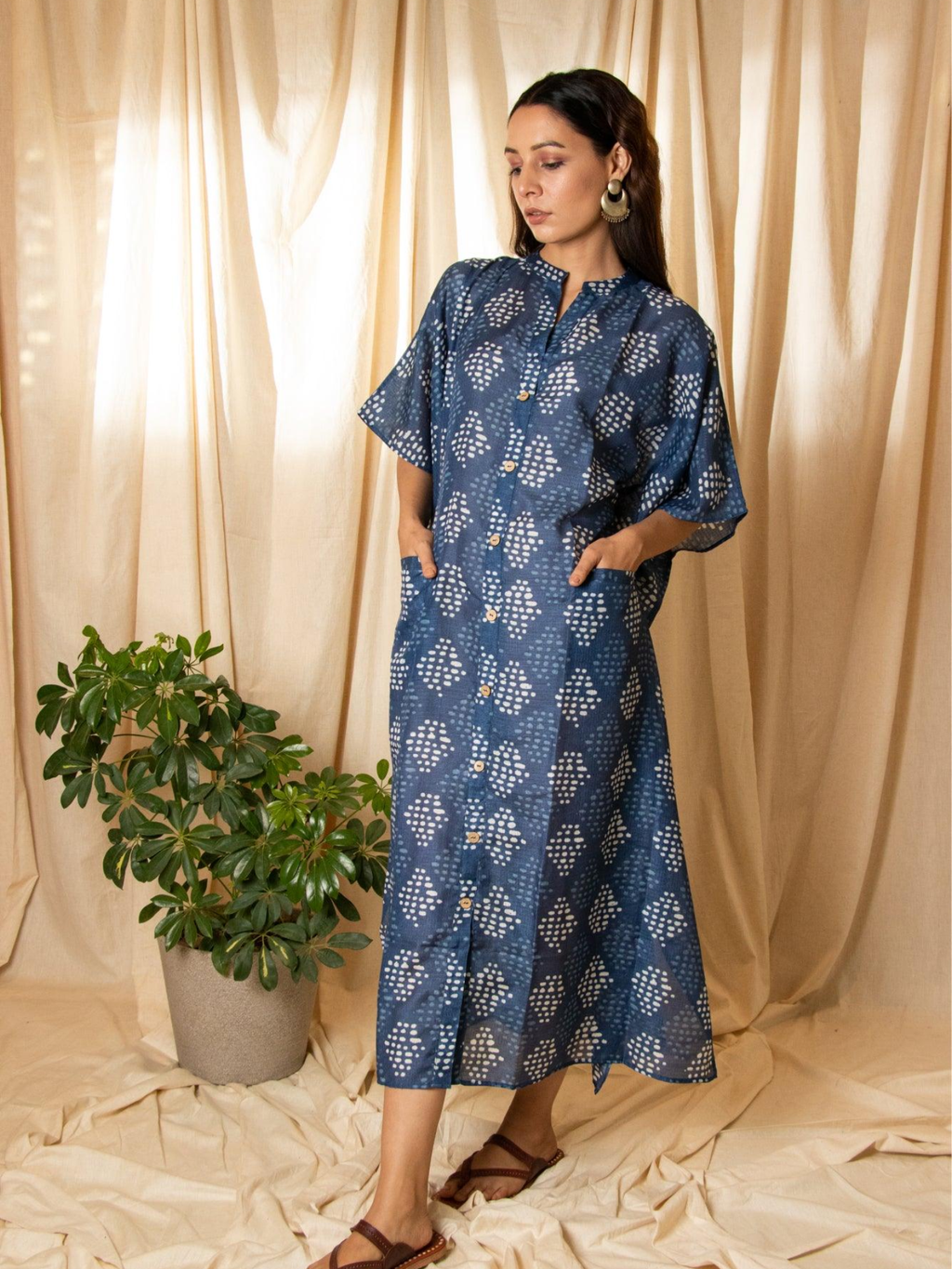 ShopKapaas Indigo Neel Printed Kaftan Dress - With Cotton Lining Slip