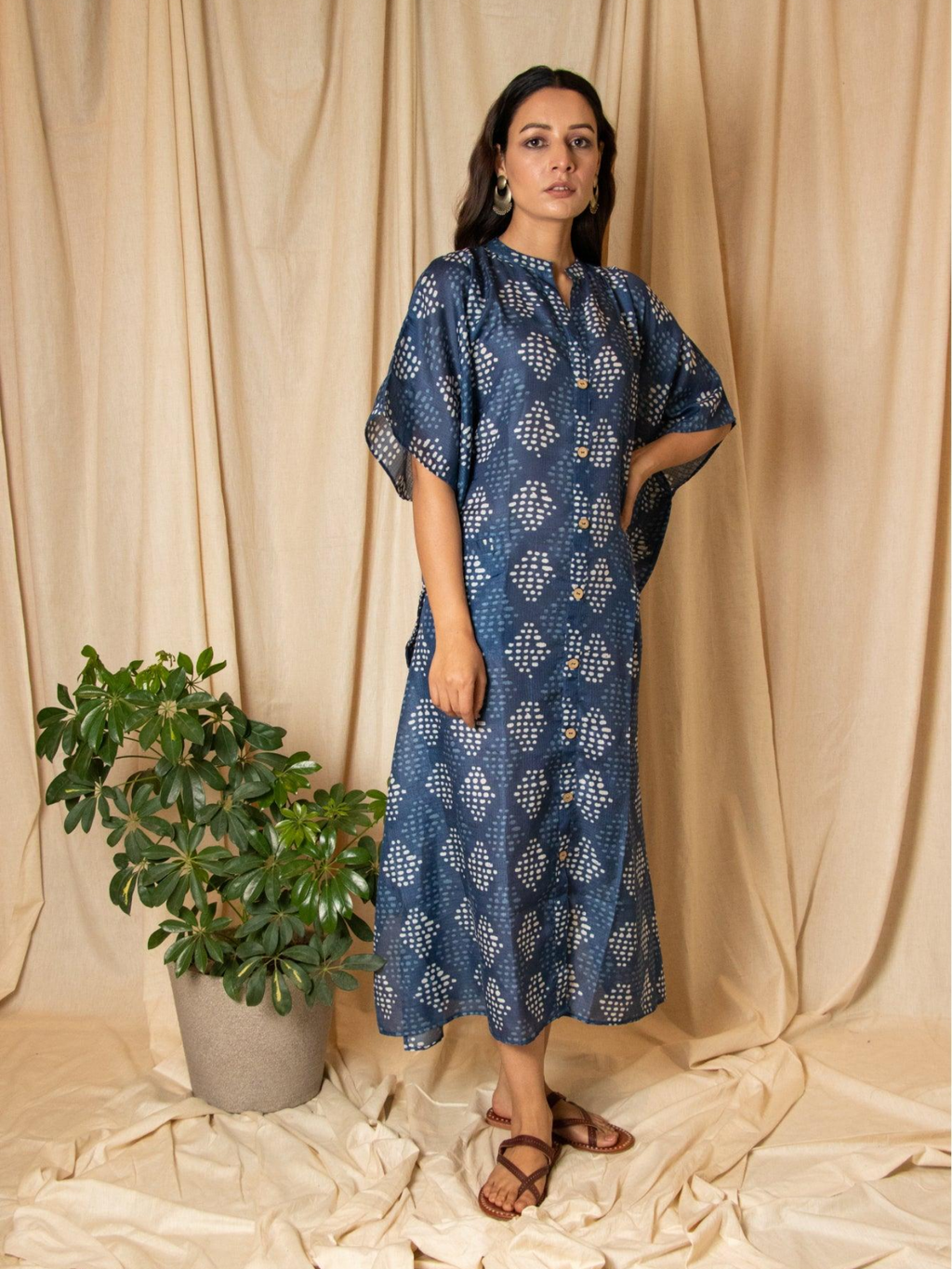 ShopKapaas Indigo Neel Printed Kaftan Dress - With Cotton Lining Slip