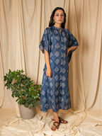ShopKapaas Indigo Neel Printed Kaftan Dress - With Cotton Lining Slip