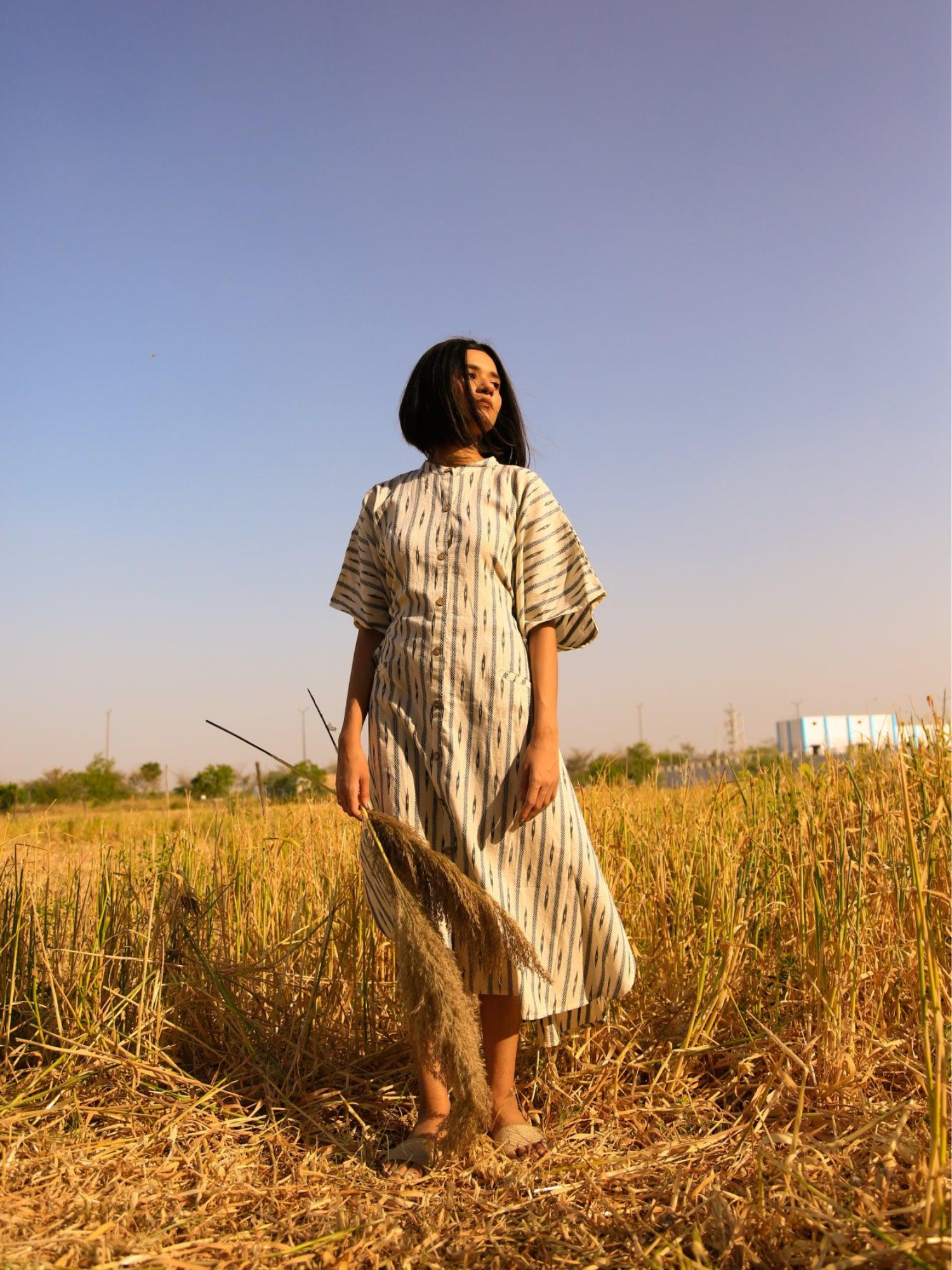 ShopKapaas Ivory Ikat Kaftan Dress - With Cotton Lining Slip