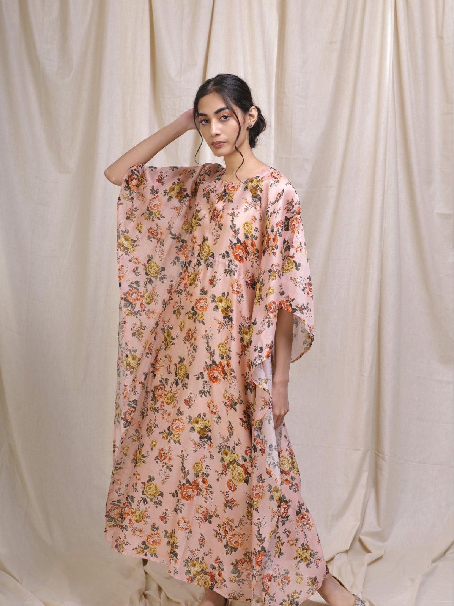 ShopKapaas Blush Peach Floral Chanderi Kaftan - With Cotton Lining Slip