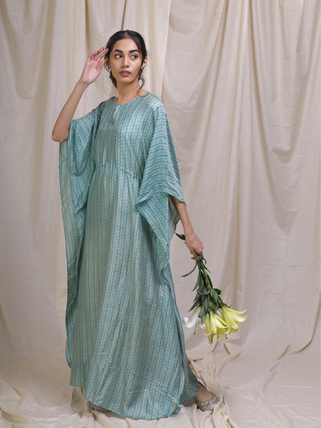 ShopKapaas Teal Cotton Silk Kaftan