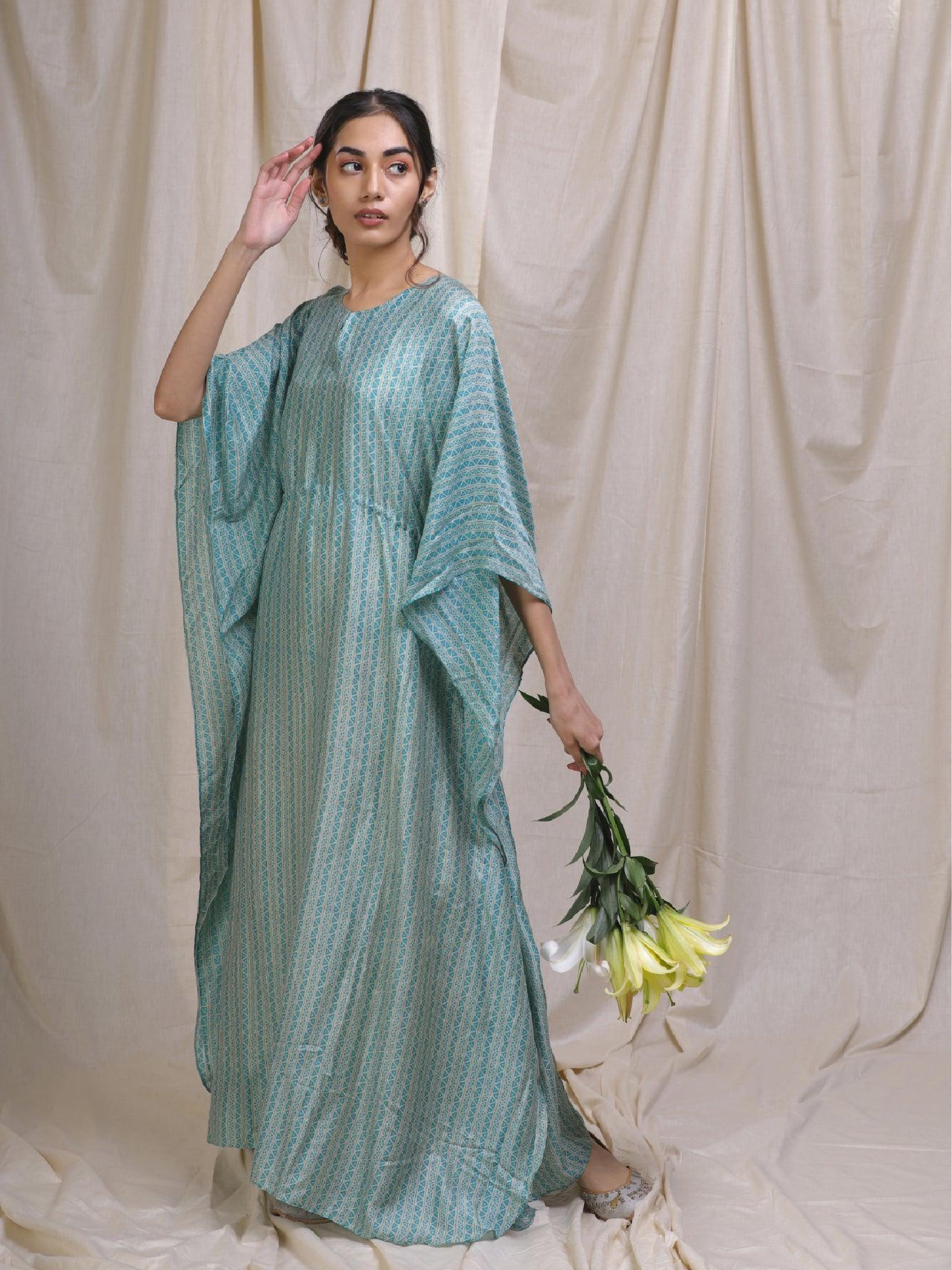 ShopKapaas Teal Cotton Silk Kaftan