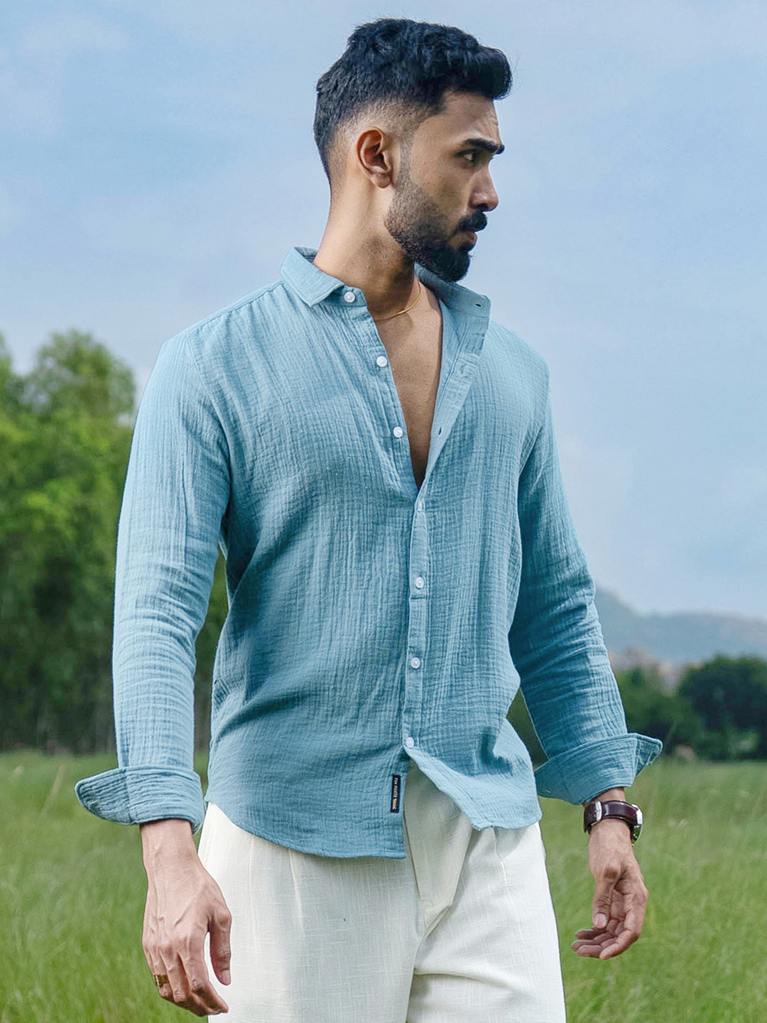 Campus Sutra Sky Blue Breezy-Weave Shirt